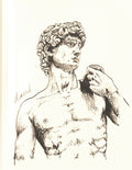 A black ink sketch of Michelangelo's David on an off-white paper background, featuring detailed shading and the artist's signature 'David' on the left.