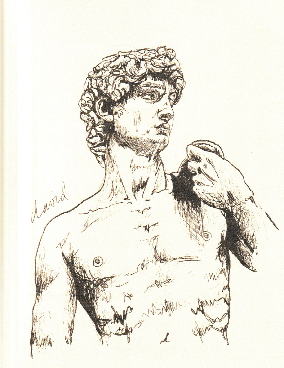 A black ink sketch of Michelangelo's David on an off-white paper background, featuring detailed shading and the artist's signature 'David' on the left.