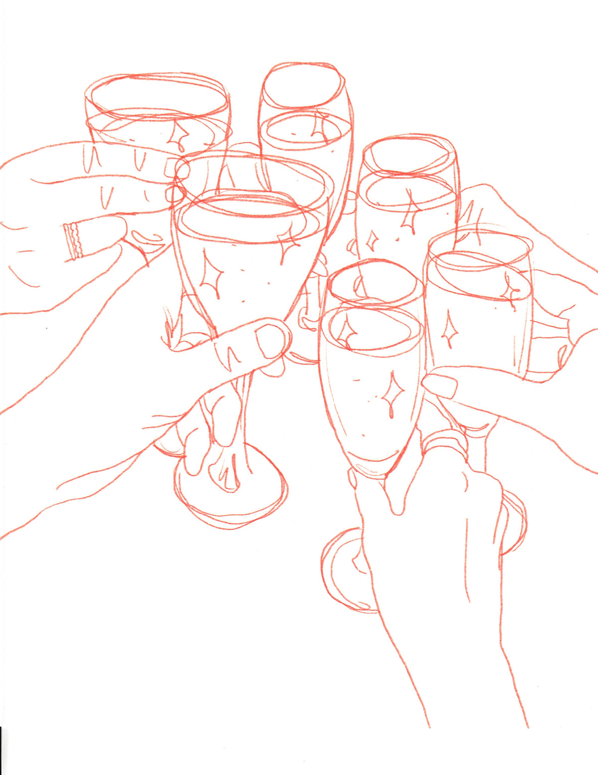 Minimalist line art illustration of multiple hands clinking champagne glasses in a toast, rendered in fine red sketch lines on a white background.
