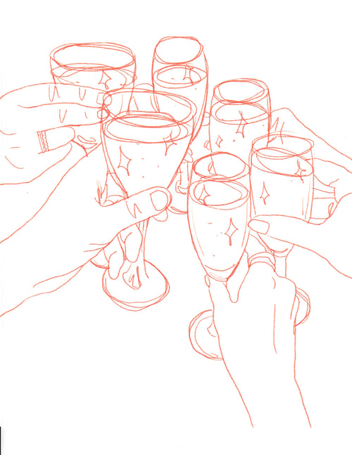 Minimalist line art illustration of multiple hands clinking champagne glasses in a toast, rendered in fine red sketch lines on a white background.