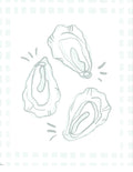 A minimalist line art illustration of three oysters on a white background with a very faint pale green gingham border.
