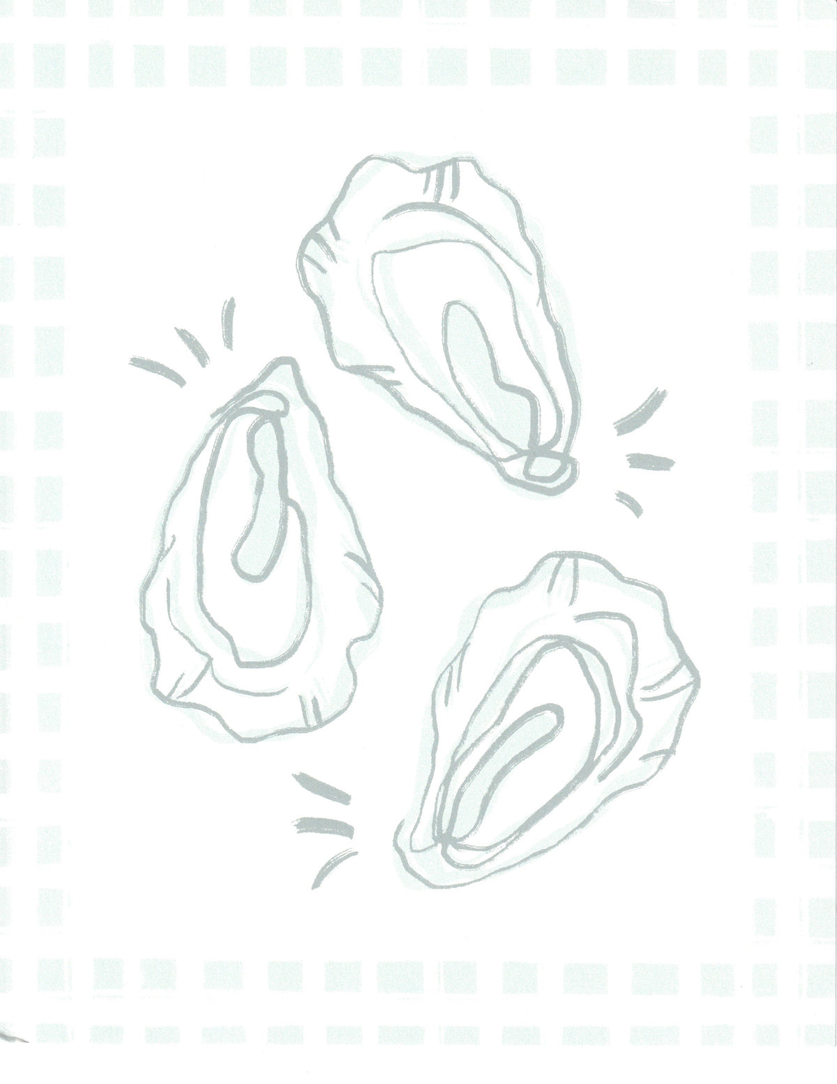 A minimalist line art illustration of three oysters on a white background with a very faint pale green gingham border.